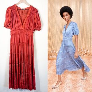 Ulla Johnson Olivia Puff Sleeve Plisse Ruffle Tiered Midi Dress Size 8